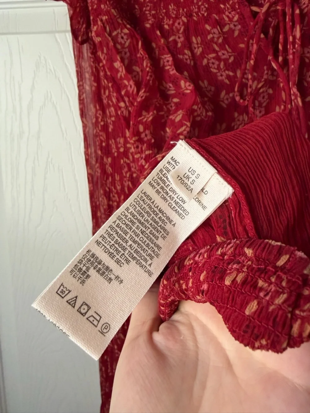 Free People Red Floral Smocked Blouse Ruffle Sleeve Boho Top S